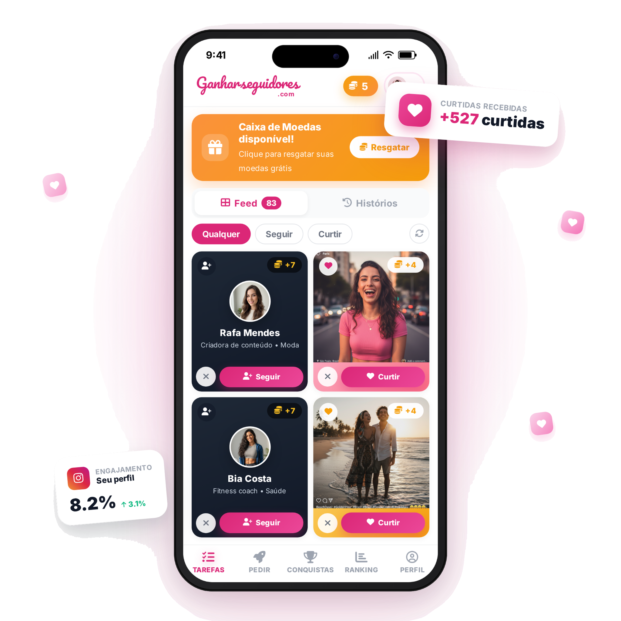 Painel do GanharSeguidores.com recebendo +527 curtidas reais e subindo 8,2% de engajamento no Instagram